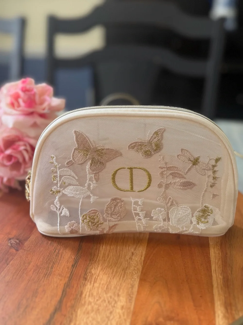 Dior Embroidered Butterfly Cosmetic Pouch - Cream & Gold and Gift Bag GWP